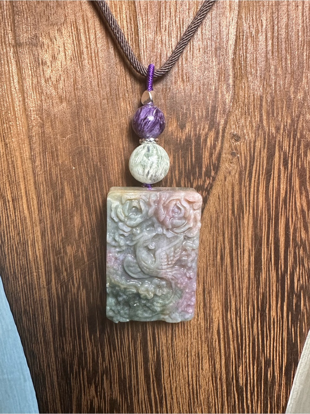 Ocean Jasper Phoenix Pendant Necklace with Feather Fluorite on Brown Rope - Picture 5 of 15